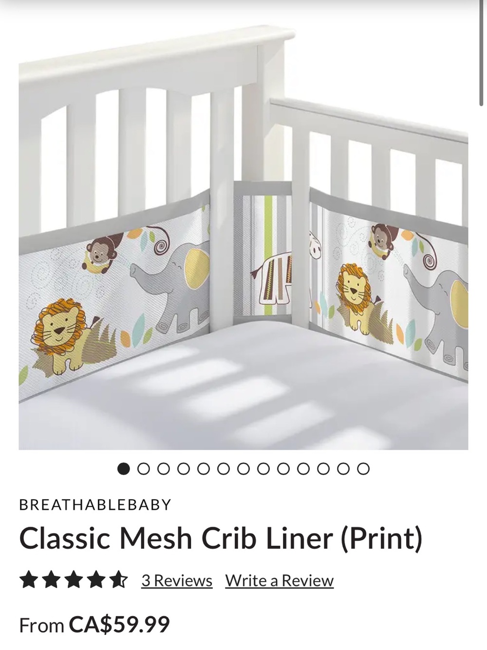 BreathableBaby Classic Mesh Crib Liner - Gray/White with Safari Print